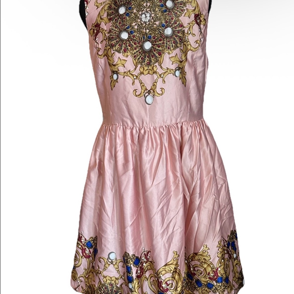JOE Pink Faux Silk Gold Pattern Sleeveless Fit & Flare MIDI Dress Women’s 4